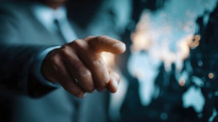A businessman s hand points to a glowing digital world map symbolizing global strategy and connection