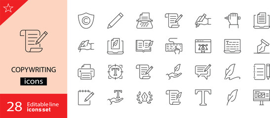 Copywriting icons set. Includes symbols of content creation, writing, editing, storytelling, marketing text, and creative communication. Editable stroke. Vector illustration.