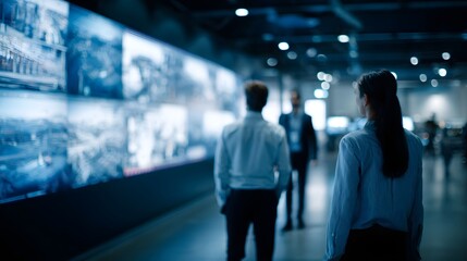 Professionals observe a vast array of screens displaying data and imagery in a modern futuristic control center