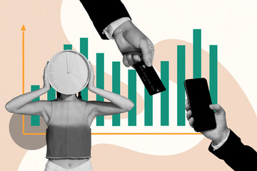 Sketch art image poster 3d banner collage of anonym businesswoman instead head clock deadline chart arrow progress credit card phone