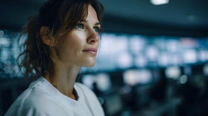 A focused professional woman observes data on multiple screens in a high tech control room