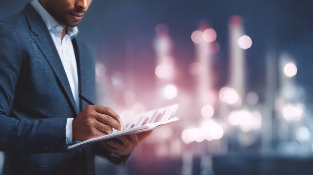 A businessman in a suit reviews financial documents with a blurred industrial city skyline at night - Powered by Adobe