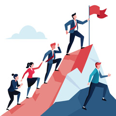 Business Characters Team Climbing at Mountain Peak Holding Hands Following Leader with Red Flag. Business People Teamwork, Leadership, Investment Growth, Way to Success. Cartoon Vector Illustration