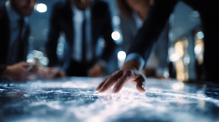 Business professionals collaborating around a futuristic interactive table displaying glowing digital data for strategic planning