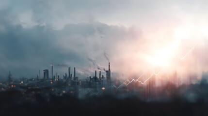 Industrial factory skyline overlaid with a rising financial growth graph against a dramatic sunlit sky