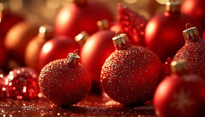 Red Christmas Baubles Close-Up, Festive Holiday Decor, Shiny and Glittery Ornaments, Warm Golden Lighting, Holiday Celebration Scene