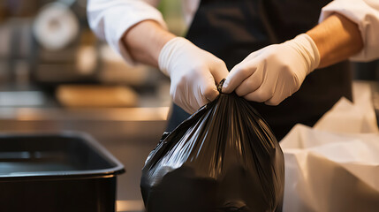 Gloved worker ties black trash bag in food service prep area. Sanitation, hygiene, and waste management for food preparation.
