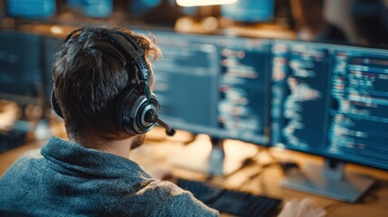 Secure medical transcription workspace featuring encrypted software interface and confident technician handling sensitive patient audio files with utmost confidentiality.