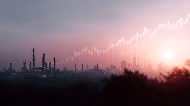 Industrial cityscape at dawn overlaid with a rising financial graph symbolizing economic growth and progress