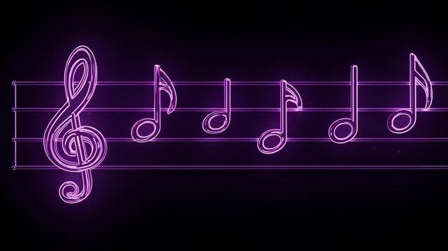 Neon-style musical notes and treble clef glow against a black background. Five notes on a staff