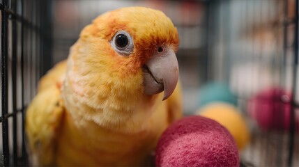 Close up of a vibrant yellow parrot with orange accents in a cage looking curiously at colorful toys