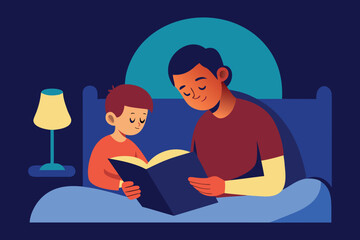 Father Reading Bedtime Story to Son Vector Illustration