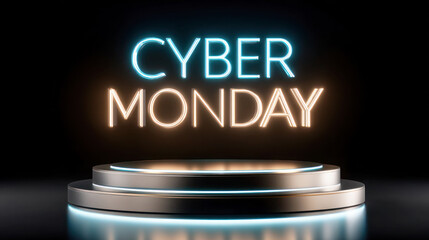 Cyber Monday promotional display with illuminated text and sleek podium, showcasing modern design elements for online shopping excitement