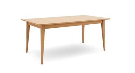A simple wooden dining table with four tapered legs isolated on white background