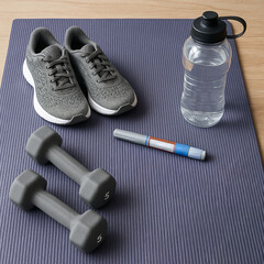 Wellness workout concept with yoga mat dumbbells
