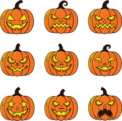  This compilation presents a grid of nine distinct pixel-art pumpkins, each meticulously carved with a unique, glowing face. 