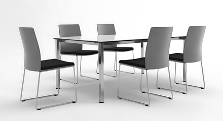 Fototapeta premium Modern glass top dining table with six grey upholstered chairs isolated on white background