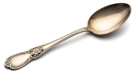 Elegant antique silver spoon with ornate handle isolated on white background