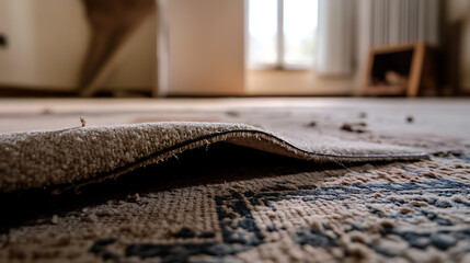 Close up view of an old, dirty area rug with raised edge in a house with wood floors. Dust and dirt visible on the rug. Interior design concept.
