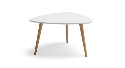 Fototapeta premium Modern white triangle shaped side table with wooden legs isolated on white background