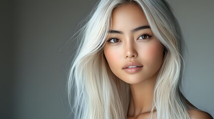 Fototapeta premium Young Asian woman with platinum blonde hair and natural makeup against gray background, soft studio lighting creates gentle shadows highlighting facial features.