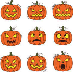 This illustration features a grid of nine orange pumpkins, rendered in a distinct pixel art style.