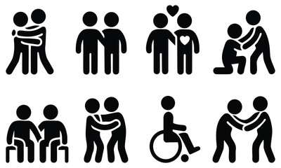 Friendship Care Symbol – stick figure family and community icons vector, people silhouettes showing friendship, parenting and social support, helping and emotional care activities