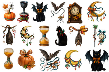 Fototapeta premium Halloween set of 17 elements with black cats bats pumpkins moons clocks ribbons and hourglasses 