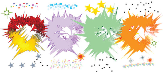 Colorful Abstract Explosion Art: Vibrant Red, Yellow, Purple, Green, & Orange Bursts with Starry Accents on White Background