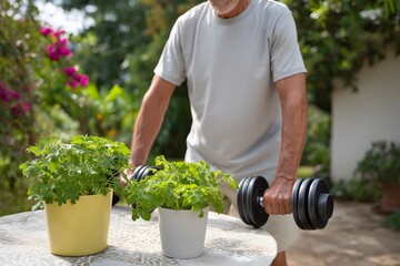 Senior Man Lifting Dumbbell Outdoors with Potted Plants