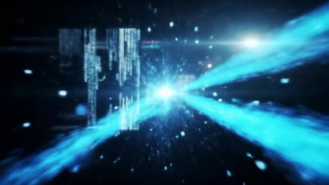 abstract generative video of shimmering sapphire blue and electric cyan light rays expanding from a pulsating core, simulating hyper-speed futuristic travel concept