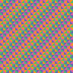 Mosaic pattern created from neon pink, orange, green and blue triangles