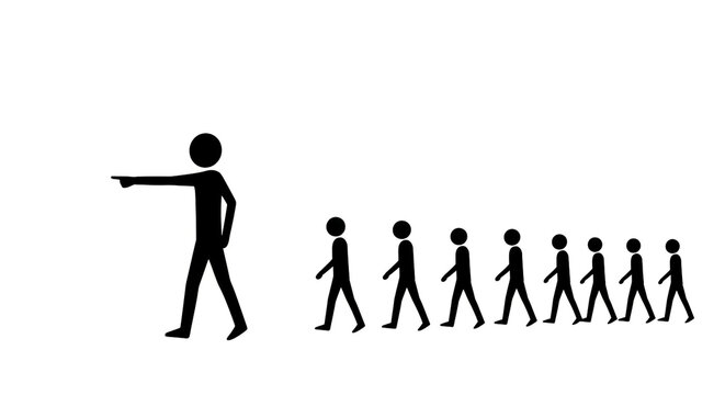 Leadership concept: Stick figure pointing the way, guiding a group of followers in a line, symbolizing direction and teamwork.
