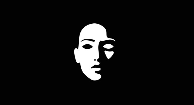 Stark black and white graphic illustration of a human face with dramatic chiaroscuro lighting, emphasizing shadows and highlights on one side of the visage a...