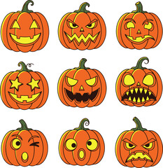  A collection of nine pixel art pumpkins, each depicting a unique carved jack-o'-lantern face.