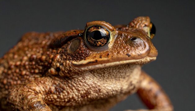 Detailed side profile close up of a brown cane toad.