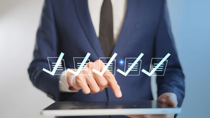 Executive manager giving final approval on a business document, a concept of corporate management and digital technology.