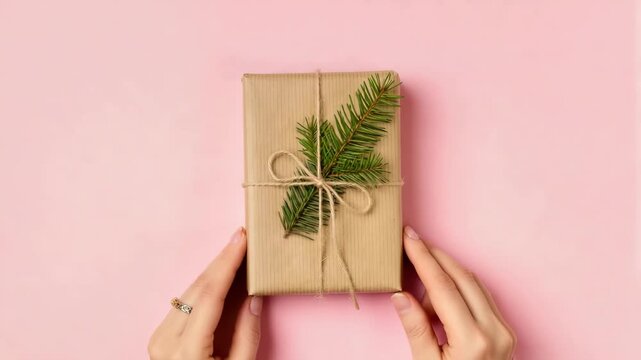 Christmas present in eco-style packaging with fir branch and twine, held by female hands in pink sweater on soft pink background. Minimalist festive composition. Top view, closeup.