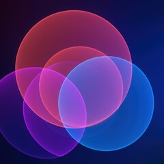 Abstract overlapping translucent circles of vibrant pink red and blue light on a dark background