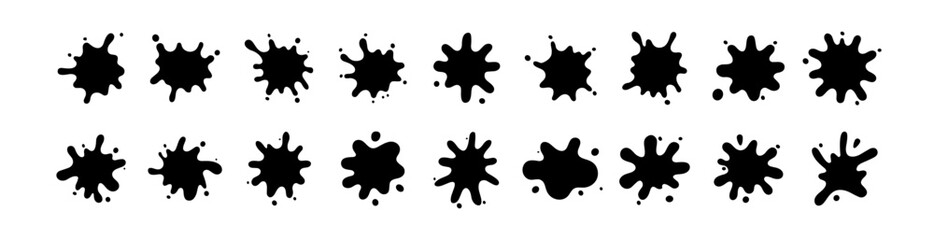 Black ink splatter and paint blot set on transparent background