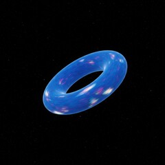 Abstract blue torus shape with iridescent pink and purple inclusions floating in darkness