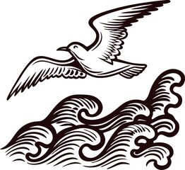 Obraz premium Hand drawn seagull flying over stylized ocean waves vintage engraving in black and white illustration