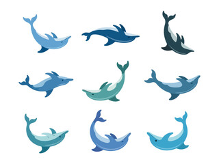 Fototapeta premium Dolphin Flat Illustration Icon Set, Marine Fish Vector art Collection, dolphic Clipart design bundle