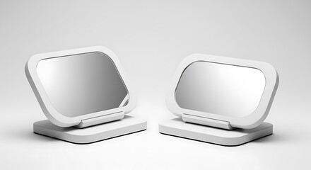 Two modern white cosmetic mirrors with stands facing forward isolated on white background