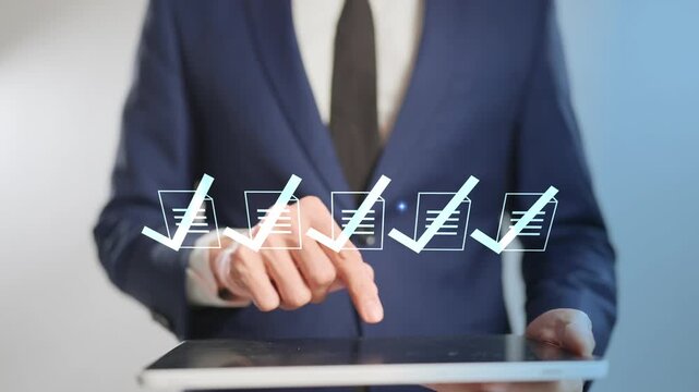 Executive manager giving final approval on a business document, a concept of corporate management and digital technology.