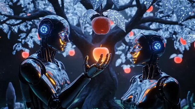 Machines cease to be tools and begin to ask questions: "Who are we?", "What is good and evil?" Robots plucking forbidden fruit is a metaphor.