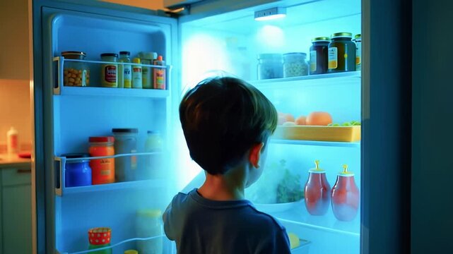 A child peers into a bright, full refrigerator filled with various food items in a kitchen setting