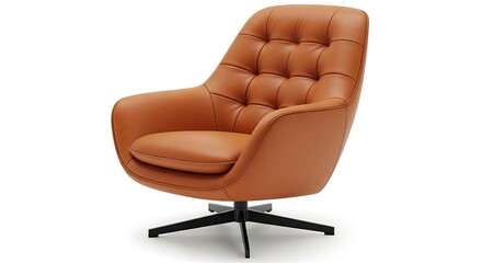 Naklejka premium Modern tan leather swivel armchair with tufted back isolated on white background