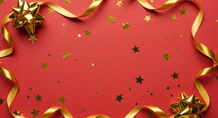 Red background with golden stars, ribbons, and gift bows for holidays  