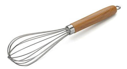 A metal balloon whisk with a wooden handle isolated on white background